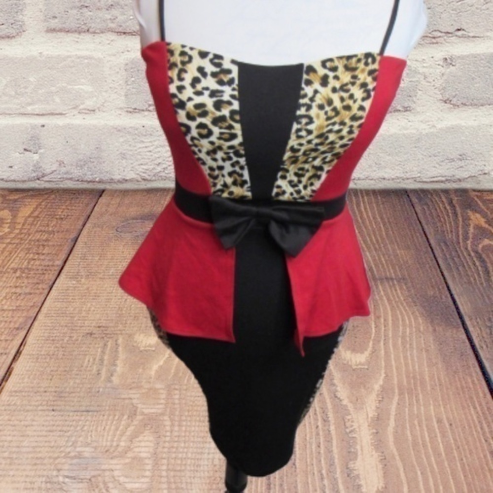 Strapless Red and Leopard Peplum Dress with Bow
